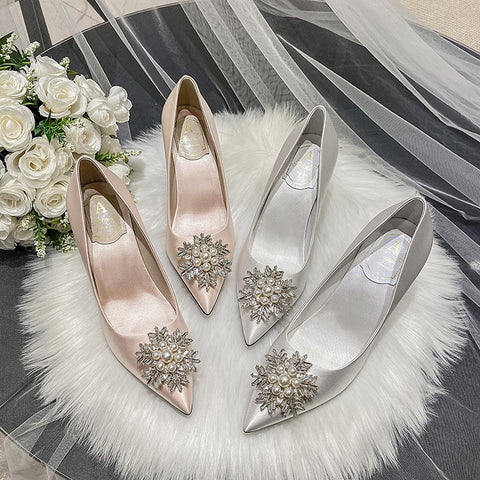 French Wedding Shoes Snowflake Pearl Buckle White High Heels Satin Bridesmaid Dress Shoes Plus Size Bridal Shoes Heels Women ZopiStyle