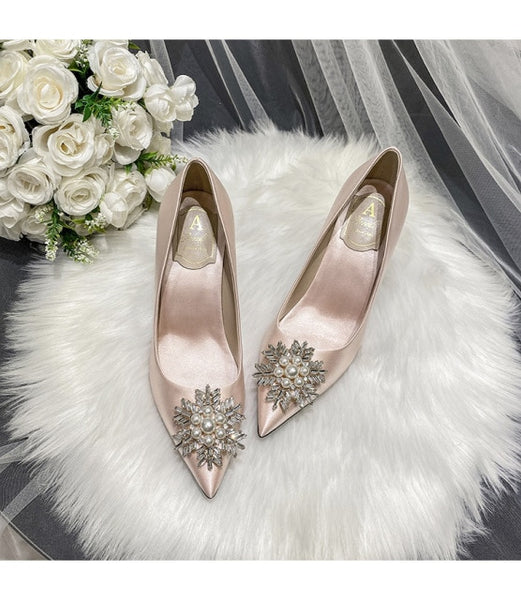 French Wedding Shoes Snowflake Pearl Buckle White High Heels Satin Bridesmaid Dress Shoes Plus Size Bridal Shoes Heels Women ZopiStyle