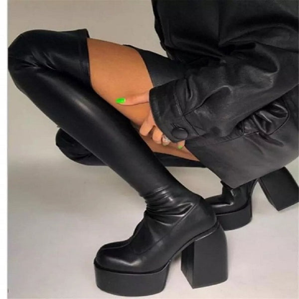 Termainoov Women Boots High Heels Chunky Platform Black Big Size 43 Winter Boots Knee High Boot Zipper Matrin Boot Party Shoes ZopiStyle