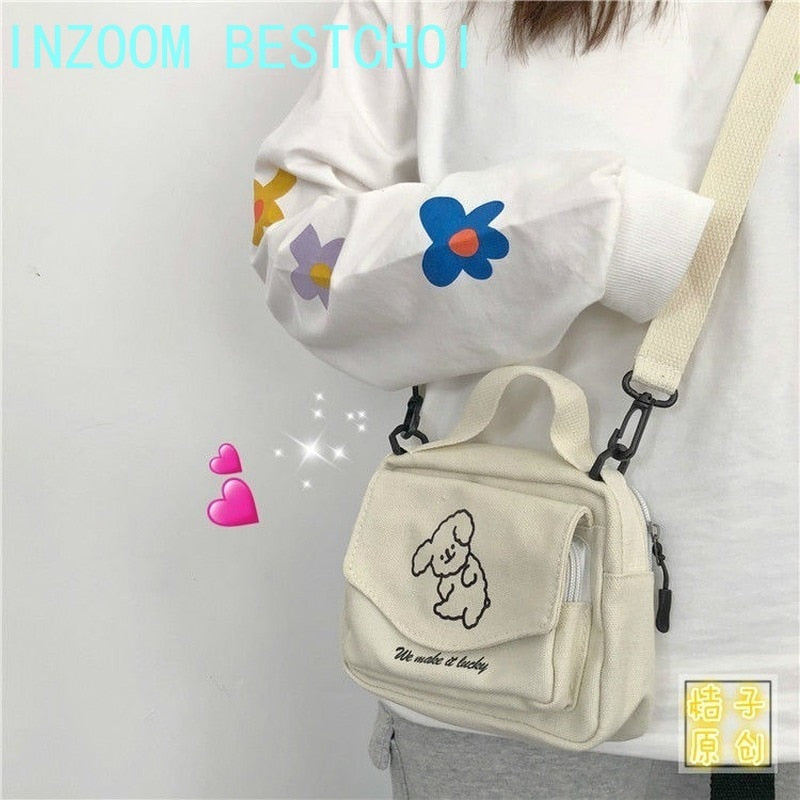 Ladies Fashion Canvas Small Square Bag Korean Version Multifunctional Cute Dog One-shoulder Diagonal Mobile Phone Package ZopiStyle