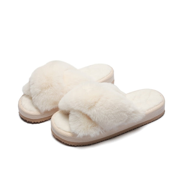 Warm Fluffy Slippers Women Cozy Faux Fur Cross Indoor Floor Slides Flat Soft Furry Shoes Ladies Female Celebrities Flip Flops ZopiStyle