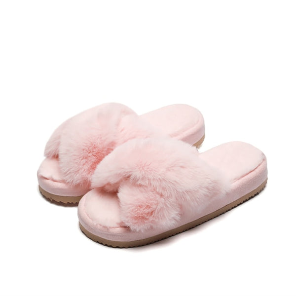 Warm Fluffy Slippers Women Cozy Faux Fur Cross Indoor Floor Slides Flat Soft Furry Shoes Ladies Female Celebrities Flip Flops ZopiStyle