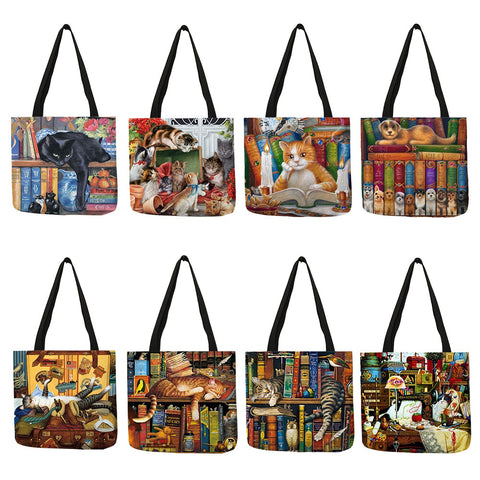 Customize Oil Painting Cat Print Womens Designer Tote Bags Linen Reusable Shopping Bag For Groceries Shoulder Bags for Lady 2020 ZopiStyle