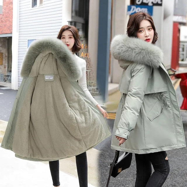 2021 New Winter Jacket Women Parka Fashion Long Coat Wool Liner Hooded Parkas Slim With Fur Collar Warm Snow Wear Padded Clothes ZopiStyle
