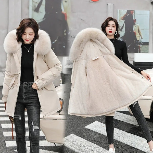 2021 New Winter Jacket Women Parka Fashion Long Coat Wool Liner Hooded Parkas Slim With Fur Collar Warm Snow Wear Padded Clothes ZopiStyle