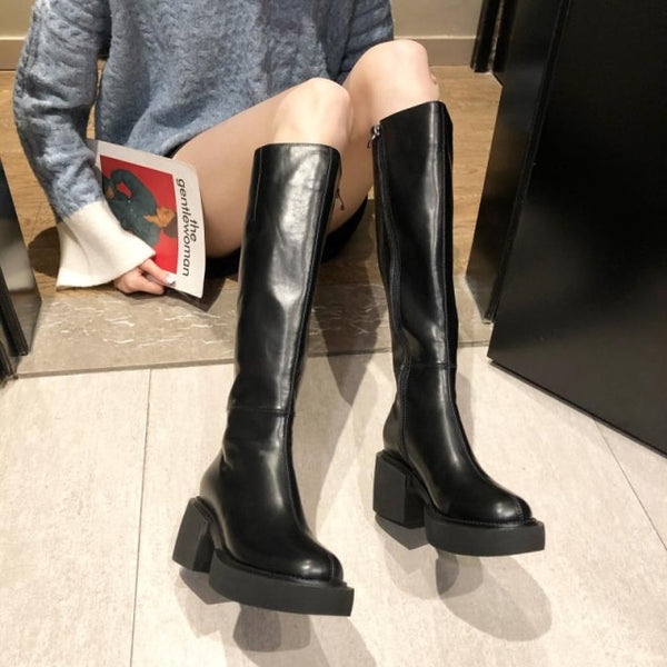 Chelsea Knee High Boots Chunky Women Shoes 2021 Winter New PU Leather Snow Boots Luxury Goth Platform Gladiator Motorcycle Boots ZopiStyle