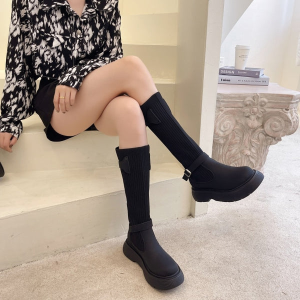 Chelsea Knee High Boots Chunky Women Shoes 2021 Winter New PU Leather Snow Boots Luxury Goth Platform Gladiator Motorcycle Boots ZopiStyle