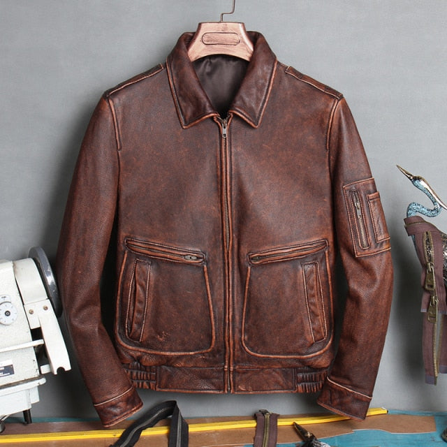 Free shipping.MA-1 bomber leather coat,thick cowhide Jacket,men&#39;s genuine Leather jacket.man vintage brown leather clothes ZopiStyle