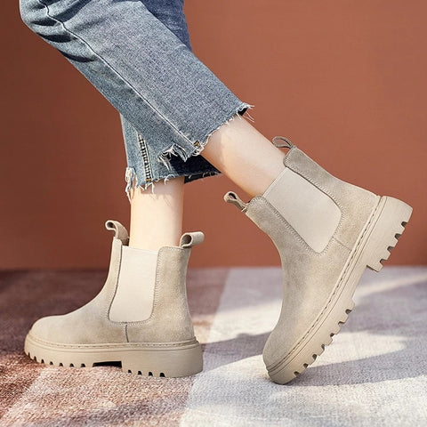 Chelsea Boots Chunky Boots Women Winter Shoes Cow Suede  Ankle Boots Black Female Autumn Fashion Platform Booties ZopiStyle