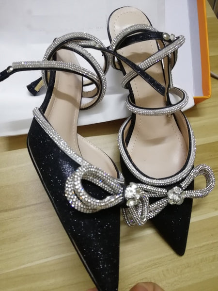 Rhinestone Baotou sandals 2021 new summer fairy wind pointed pink high-heeled bow tie thin heel winding bandage ZopiStyle