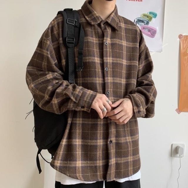 Korean Clothes Retro Thick Woolen Plaid Shirt Cotton Long Sleeve Turn-down Collar Brown Casual Loose Harajuku Couple Clothing ZopiStyle