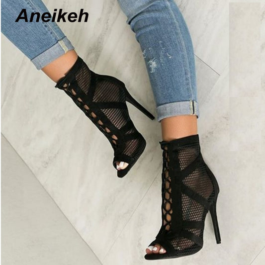 Aneikeh 2022 Fashion Basic Sandals Boots Women High Heels Pumps Sexy Hollow Out Mesh Lace-Up Cross-tied Boots Party Shoes Party ZopiStyle