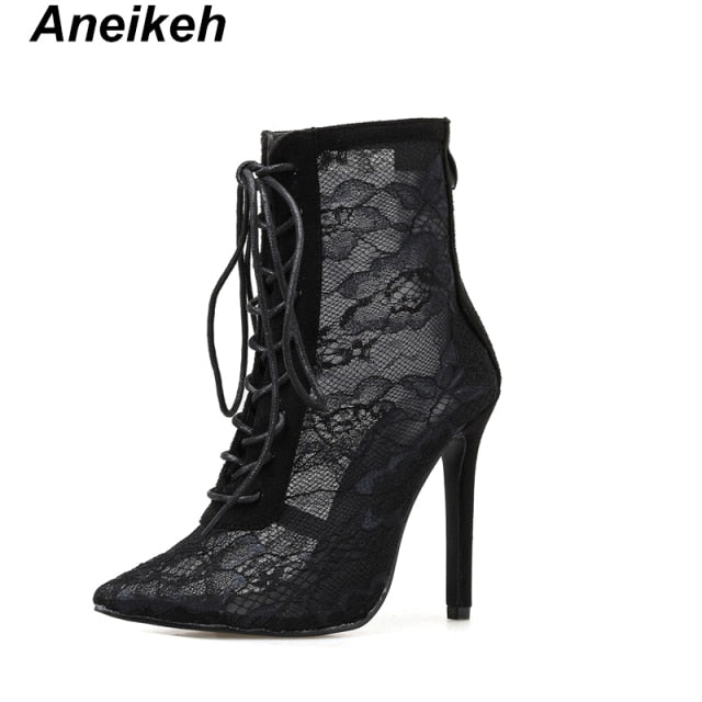 Aneikeh 2022 Fashion Basic Sandals Boots Women High Heels Pumps Sexy Hollow Out Mesh Lace-Up Cross-tied Boots Party Shoes Party ZopiStyle