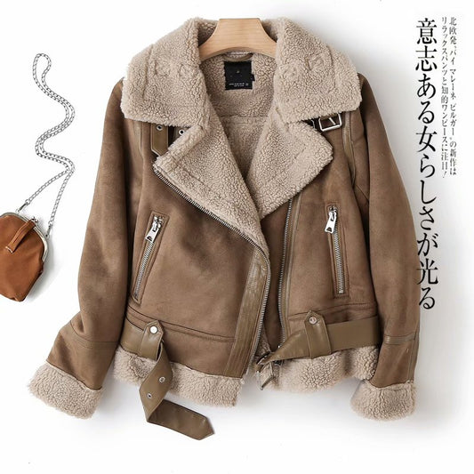 Ailegogo Women Winter Faux Shearling Sheepskin Fake Leather Jackets Lady Thick Warm Suede Lambs Short Motorcycle Brown Coats ZopiStyle