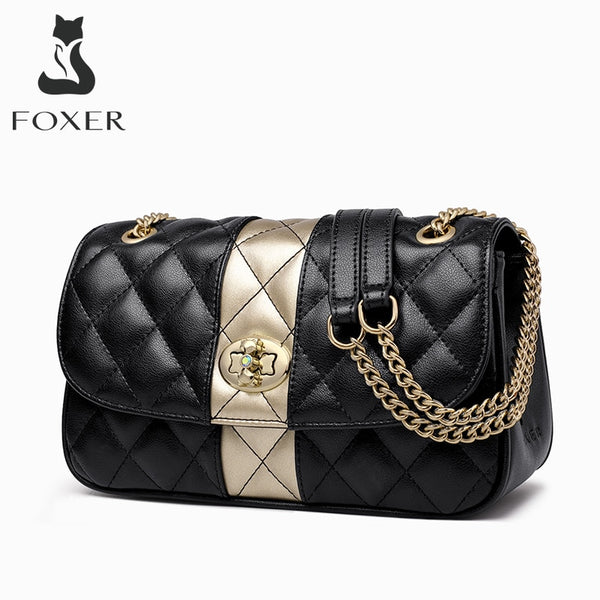 FOXER Women Genuine Leather Diamond Lattice Handbag Lady Cowhide Lady Shoulder Bags Chain Strap Messenger Bag Valentine Day Gift ZopiStyle