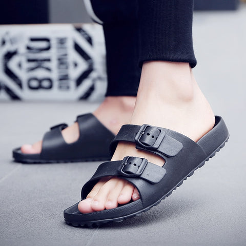 Classic Black Flat Slide Sandals with Arch Support 2 Strap Adjustable Double Buckle Slip on Slides Shoes Non-Slip Rubber Sole ZopiStyle