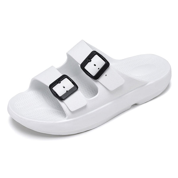 Classic Black Flat Slide Sandals with Arch Support 2 Strap Adjustable Double Buckle Slip on Slides Shoes Non-Slip Rubber Sole ZopiStyle