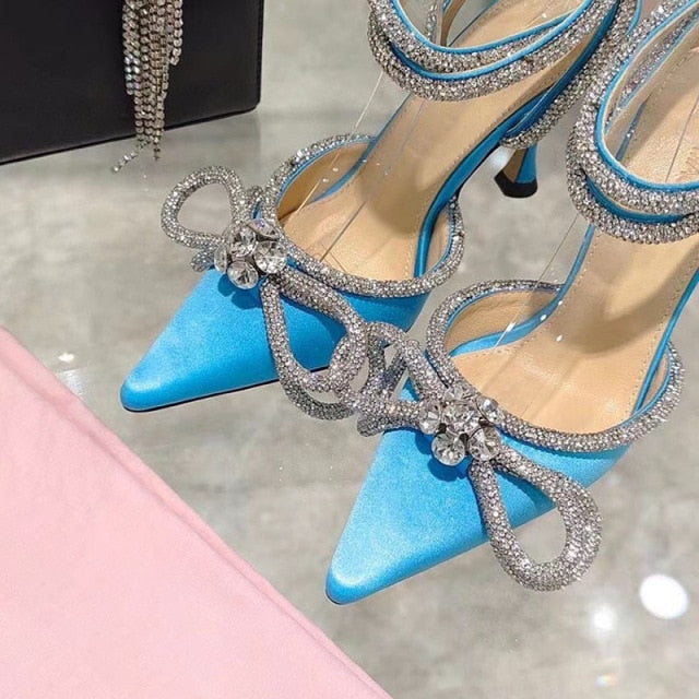 Glitter Rhinestones Women Pumps Runway Style Crystal Bowknot Satin Summer Lady Shoes Genuine Leather High Heels Party Prom Shoes ZopiStyle
