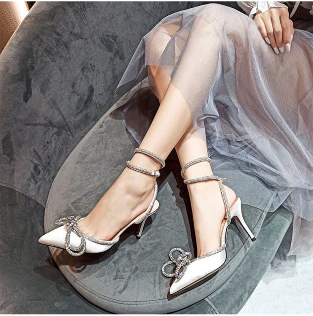 Glitter Rhinestones Women Pumps Runway Style Crystal Bowknot Satin Summer Lady Shoes Genuine Leather High Heels Party Prom Shoes ZopiStyle