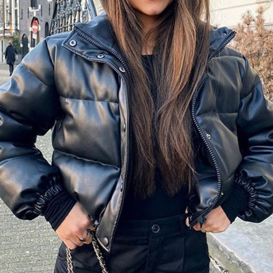 Ailegogo Winter Thick Warm Short Parkas Women Fashion Black PU Leather Coats Ladies Elegant Zipper Cotton Jackets Female Ouwear ZopiStyle