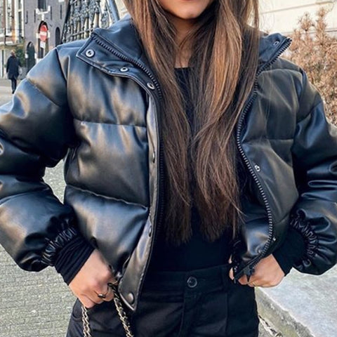 Ailegogo Winter Thick Warm Short Parkas Women Fashion Black PU Leather Coats Ladies Elegant Zipper Cotton Jackets Female Ouwear ZopiStyle