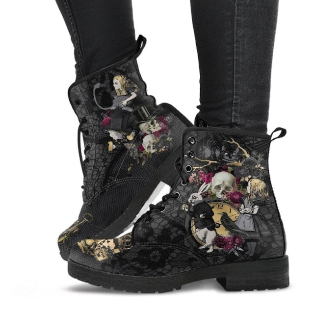 Martin Boots Women&#39;s Autumn and Winter 2021 Fashion Women&#39;s Tooling Boots Skull and Flower Print High-top Boots Ladies ZopiStyle