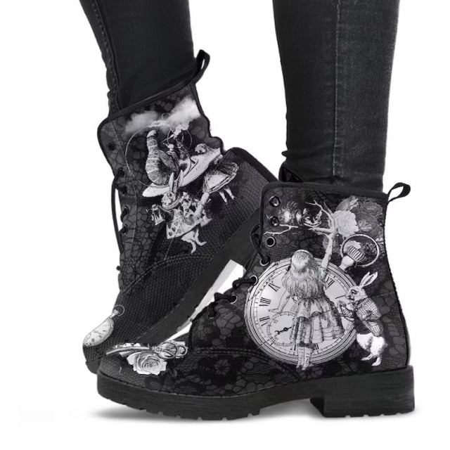 Martin Boots Women&#39;s Autumn and Winter 2021 Fashion Women&#39;s Tooling Boots Skull and Flower Print High-top Boots Ladies ZopiStyle