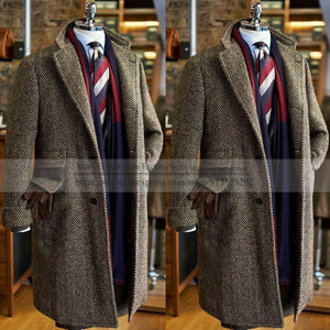 Winter Brown Herringbone Men Jacket Tweed Wollen Blends Blazer Single Breasted Long Coat Custom Made Man Overcoat Veste Homme ZopiStyle