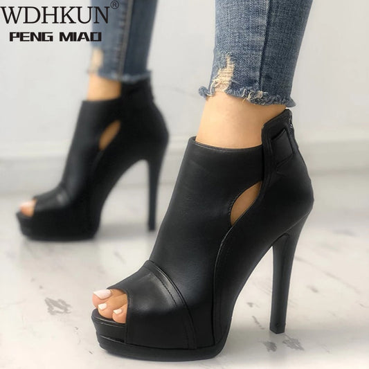 11cm New Women Pumps Spring Fall Office Shoes Breathable Hollow Out Square Heel Boots Woman Platform Heels Party Wedding Shoes ZopiStyle