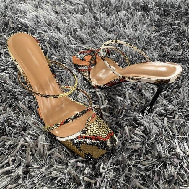 2022 Summer Pumps Sexy snake print Slippers Sandals Shoes Women Thin High Heels Square Toe Sandal Lady Pump Shoes Mules ZopiStyle