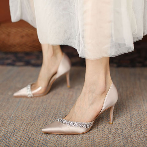 Pointed Rhinestone Transparent High Heels Women Sandals 2021 New Satin Stiletto High Heels Wedding Shoes Bride ZopiStyle