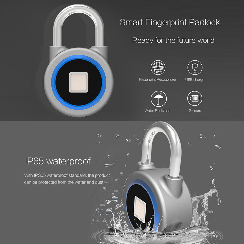 Smart Fingerprint Lock Waterproof Bluetooth Phone APP Keyless Anti-theft Padlock Suitcase Door Lock for Smart Home Silver grey ZopiStyle