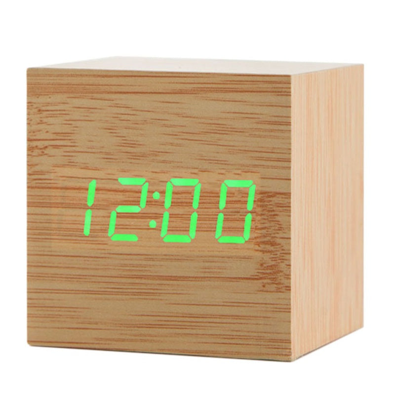 Wooden Digital Alarm Clock LED Light Multifunctional Modern Cube Displays Date Temperature for Home Office Bamboo wood green word ZopiStyle
