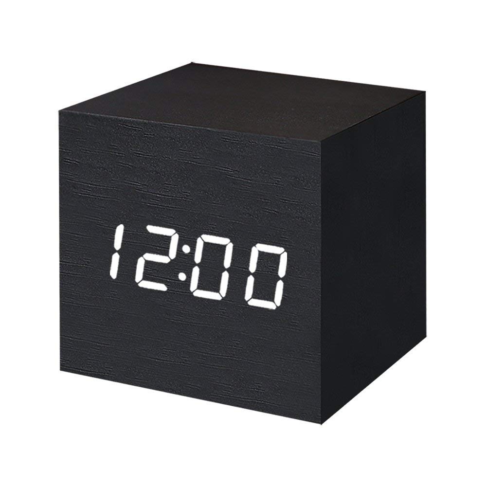 Wooden Digital Alarm Clock LED Light Multifunctional Modern Cube Displays Date Temperature for Home Office Black wood white word ZopiStyle