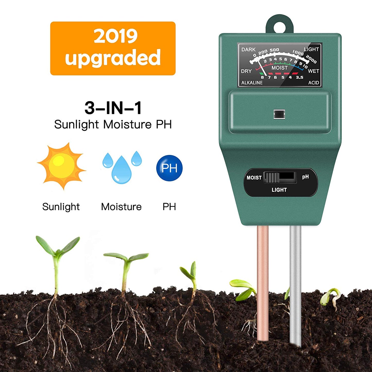 Soil Tester Meter 3-in-1 Test Kit for Moisture Light pH for Home and Garden Lawn Farm Plants Herbs Gardening Tools ZopiStyle