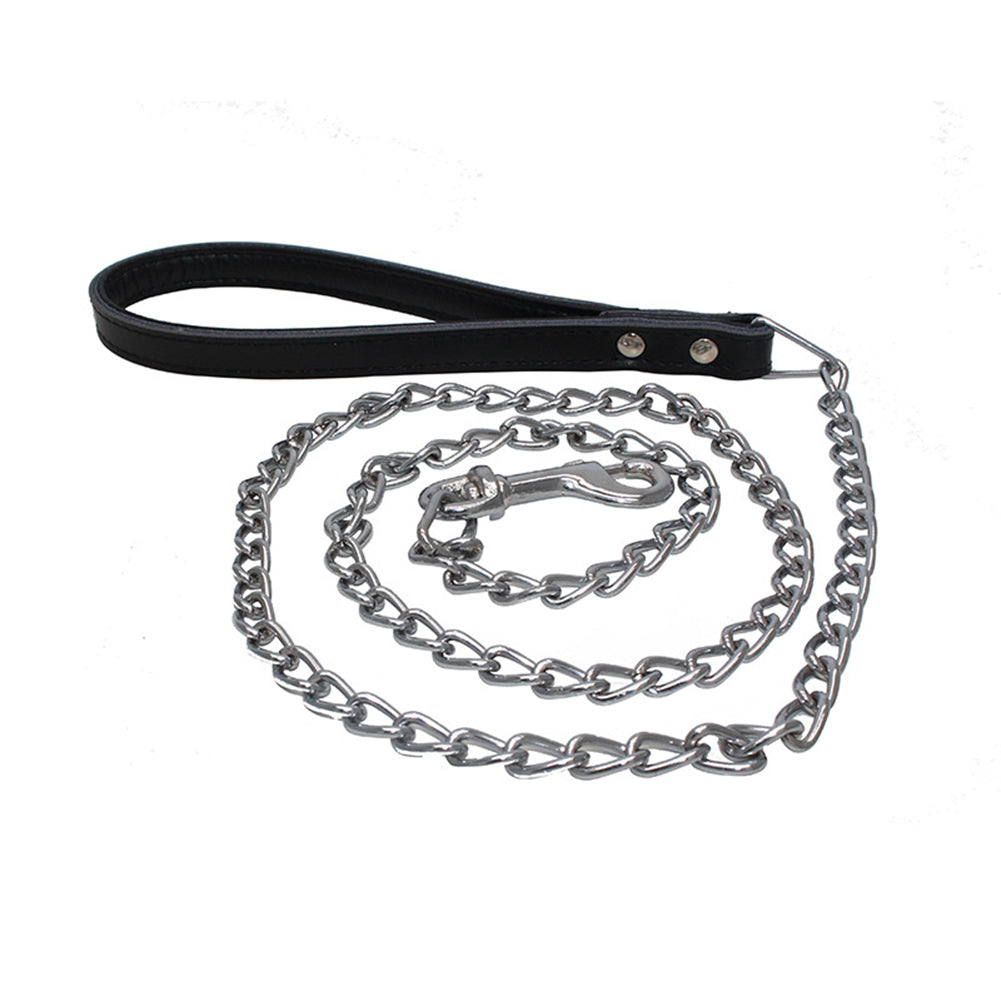 Comfortable Leather Handle Iron Chain Pet Traction Rope Anti-Bite Dog Chain black_thin long ZopiStyle