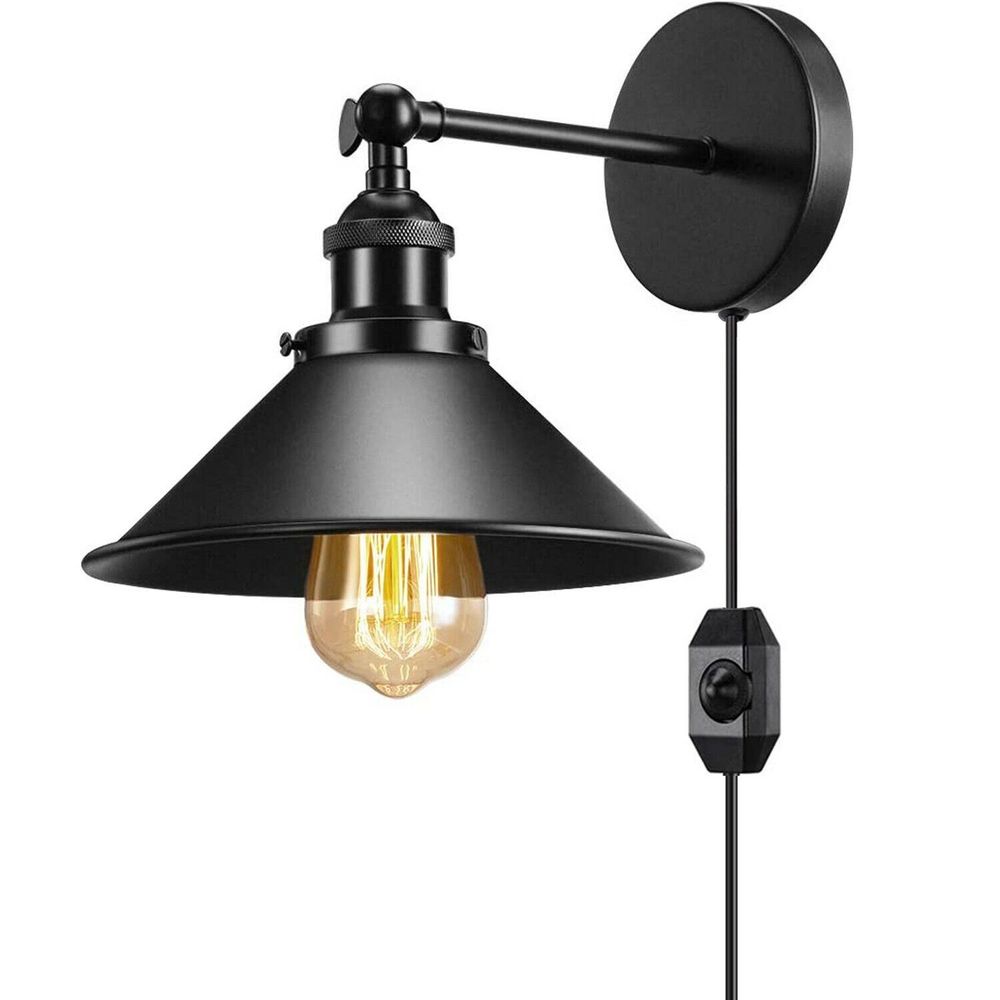 Modern Black Plugin Wall Light Fitting Cone Metal Shade Indoor Sconce Light LEDSone