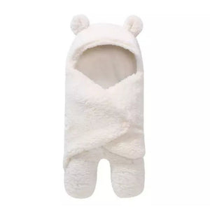 Fluffy Teddy Baby Wrap Hooded Soft Blanket Pram or Car Seat Wrap in Cream & Pink Dew Bees