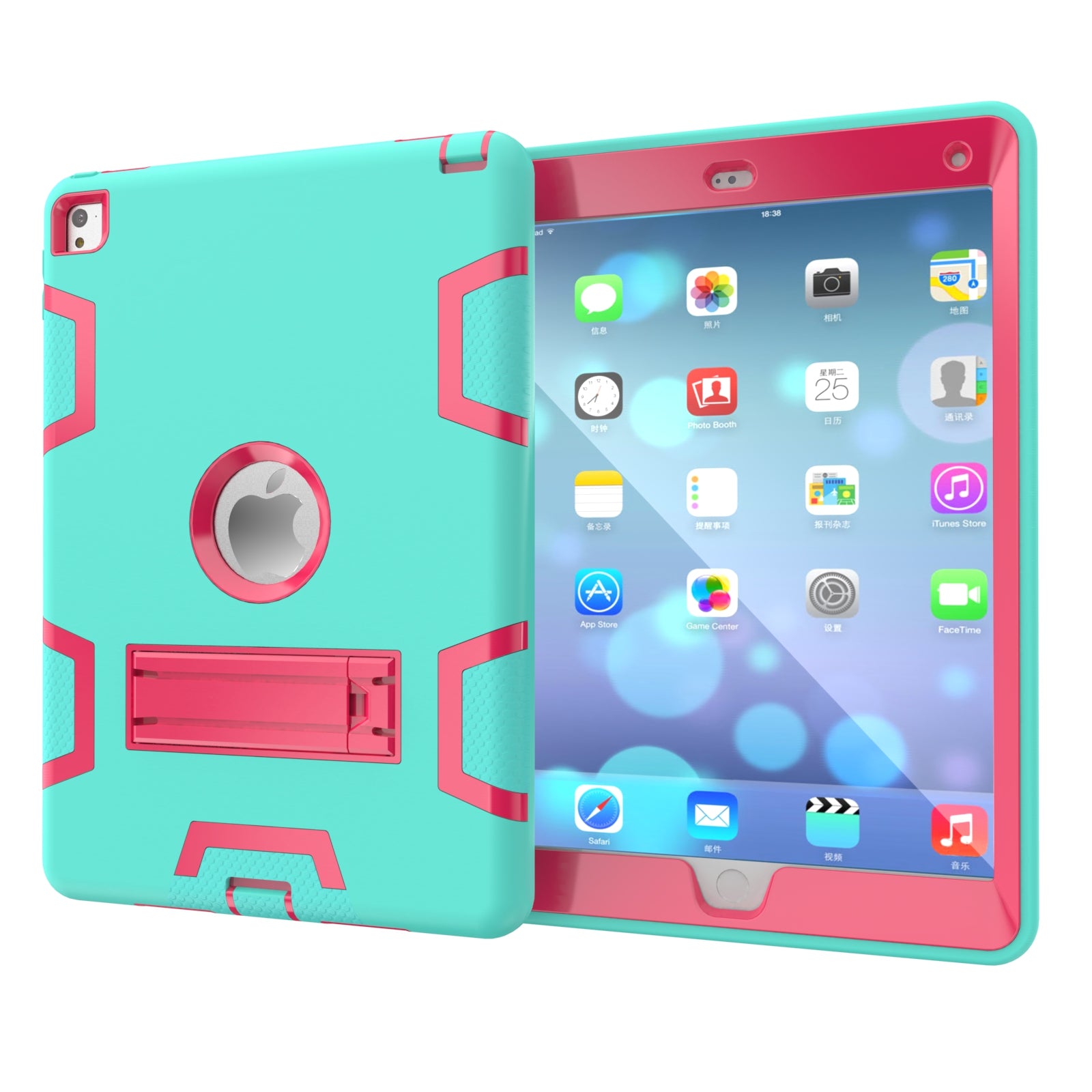 For iPad air2/iPad 6/iPad pro 9.7 2016 PC+ Silicone Hit Color Armor Case Tri-proof Shockproof Dustproof Anti-fall Protective Cover  Mint green + rose red ZopiStyle