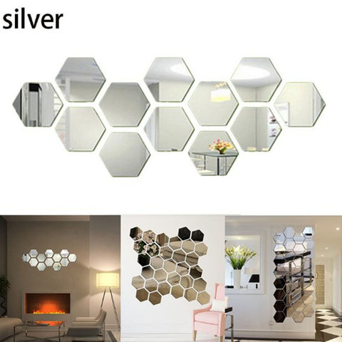12Pcs Acrylic Hexagon 3D Art Mirror Wall Sticker Home DIY Decor Silver_46x40x23mm ZopiStyle
