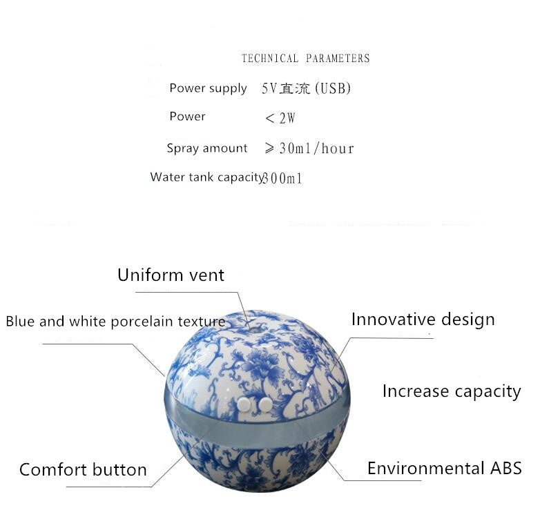 Blue and White Porcelain Humidifier Household Mini USB Ultrasonic Air Diffuser Desktop Office Humidifier Blue and white Porcelain humidifier ZopiStyle