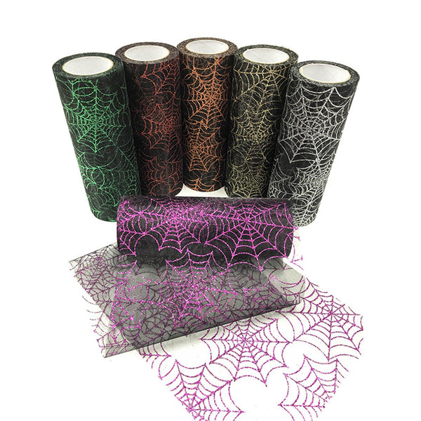 15CM*10Yards Organza Tulle Roll with Spider Web Pattern for Halloween Party Decoratioin Black+gold ZopiStyle