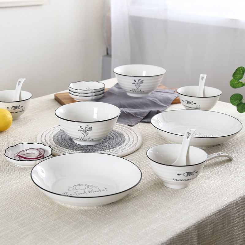 22Pcs/Set Simple Pattern Stackable Ceramic Tableware Bowl Plate Chopsticks Spoon Set ZopiStyle
