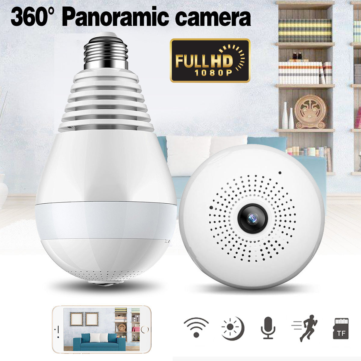 V380 Bulb Shaped Wireless Camera WIFI Remote Monitoring Network Camera Mobile Phone Home 360 Degree Panoramic Monitor 2 million (1080P) pixels ZopiStyle