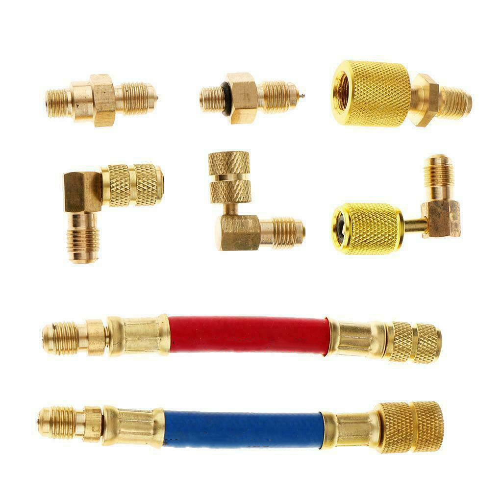 8pcs Car Air Conditioner Refrigeration R134A R12 Converting Adapter Hose Set Kits Air Condition Adapters Connector Hose Blue+red ZopiStyle