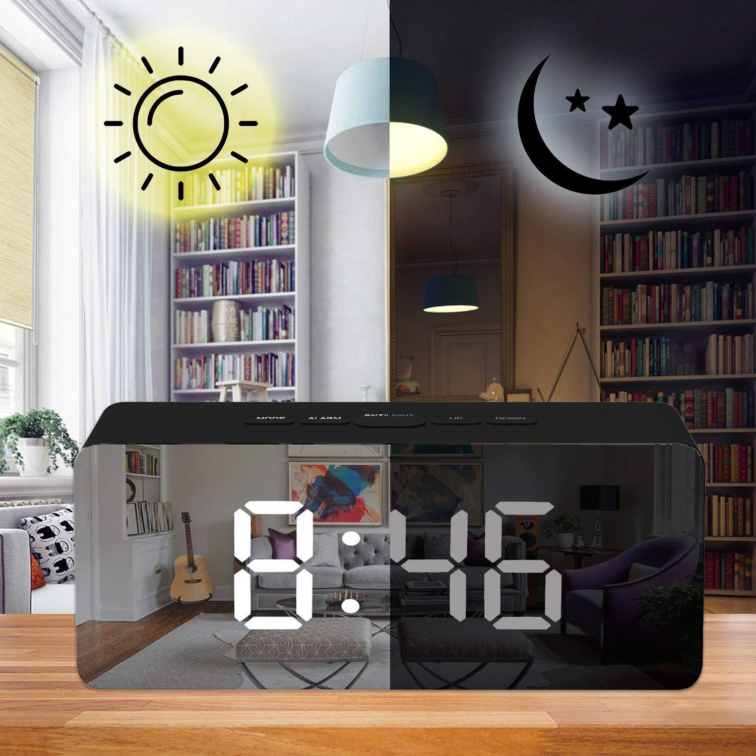 Multi-functional Stylish LED Mirror Electronic Alarm Clock Mini Cosmetic Mirror Bedside Clock  Rectangular black shell white light ZopiStyle